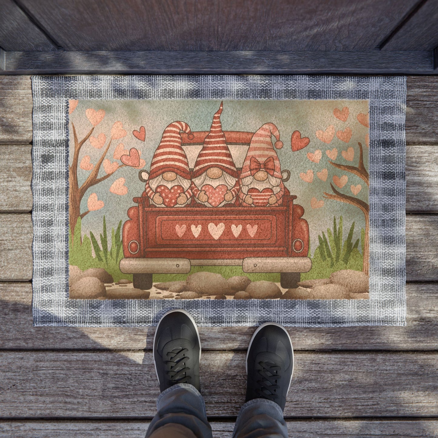 Valentine Gnome Truck Doormat — Cute Heart Porch Welcome Mat