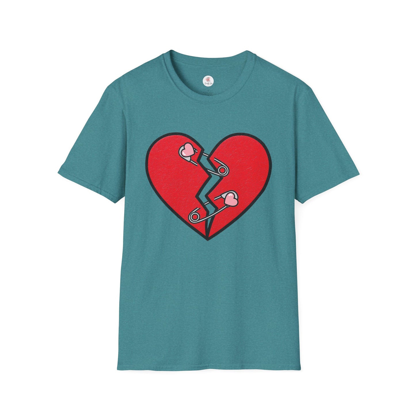 Mended Broken Heart T-Shirt — Cracked Heart with Safety Pins Graphic