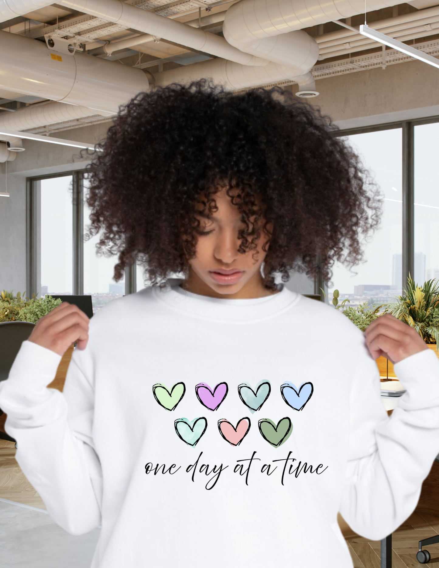 Crewneck Sweatshirt — Pastel Hearts “One Day at a Time” Inspirational Pullover