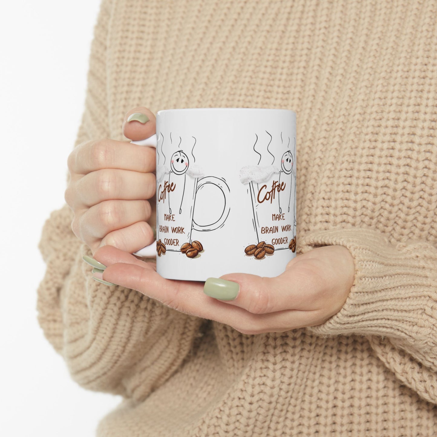 Coffee Mug – "Coffee Makes Brain Work Gooder" Cute Hand-Drawn Ceramic Coffee Cup