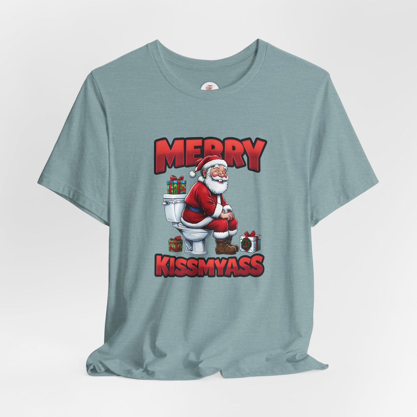 Funny Christmas T-Shirt — “Merry Kissmyass” Santa Toilet Gag Tee