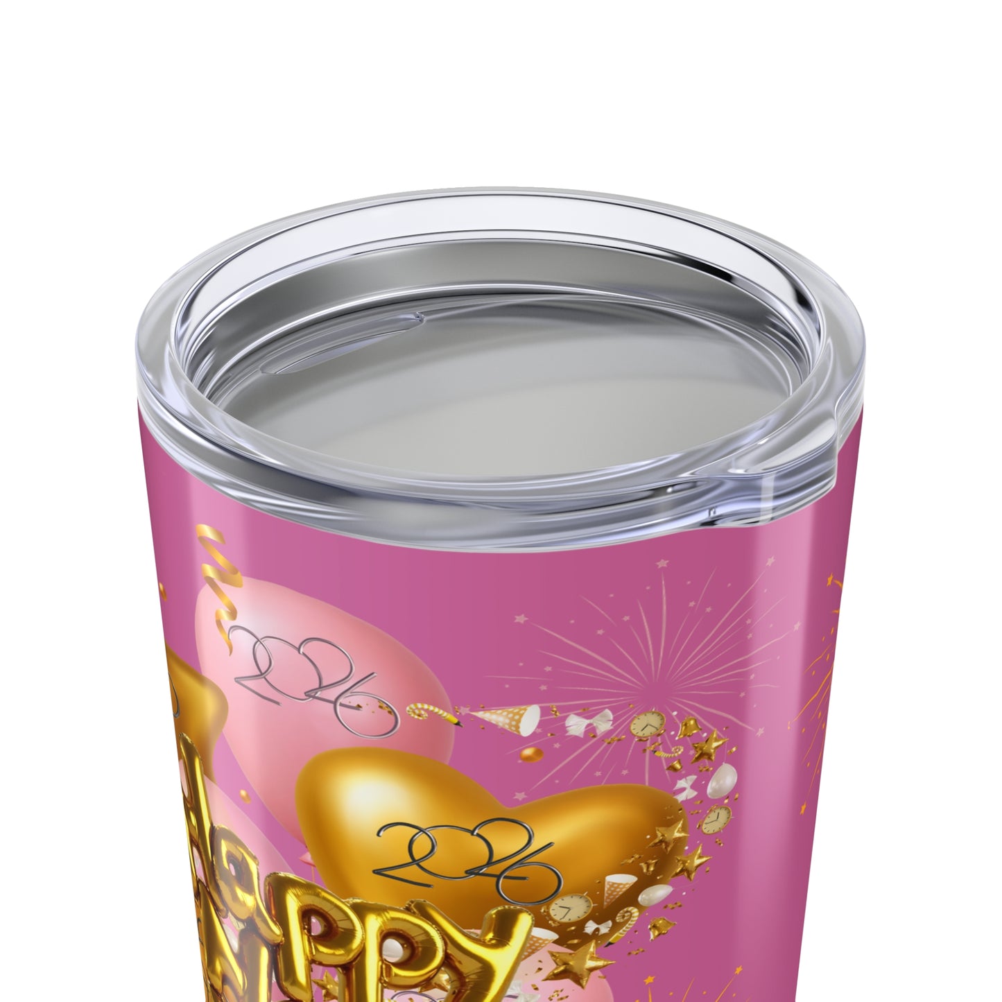 Happy New Year 20oz Pink Star & Hearts Tumbler — Sparkling Gold Travel Cup