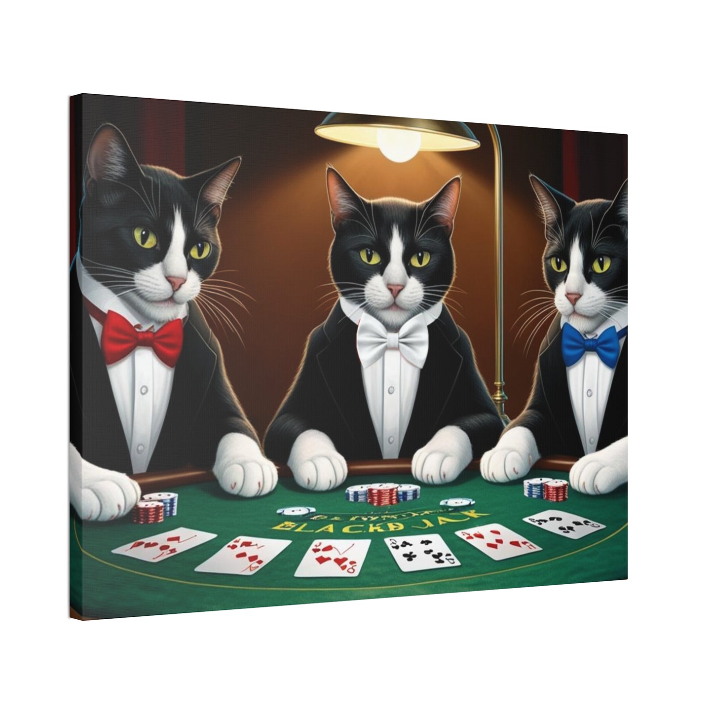 Patriotic Cats Blackjack Night Canvas Print — Tuxedo Cats with Red, White & Blue Bowties