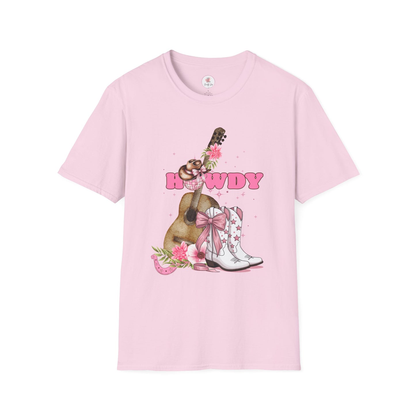 Howdy Cowboy Guitar Adult T‑Shirt — Pink Floral Cowgirl Boots & Guitar Tee