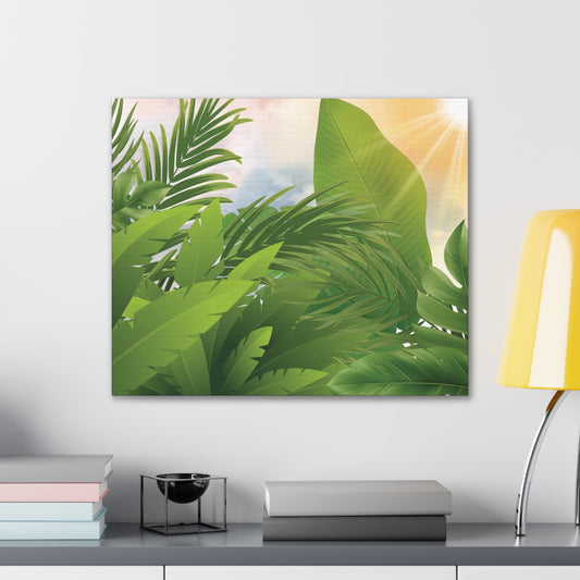 Tropical Leaves Canvas Wall Art – Green Jungle Sunlight Stretched Canvas