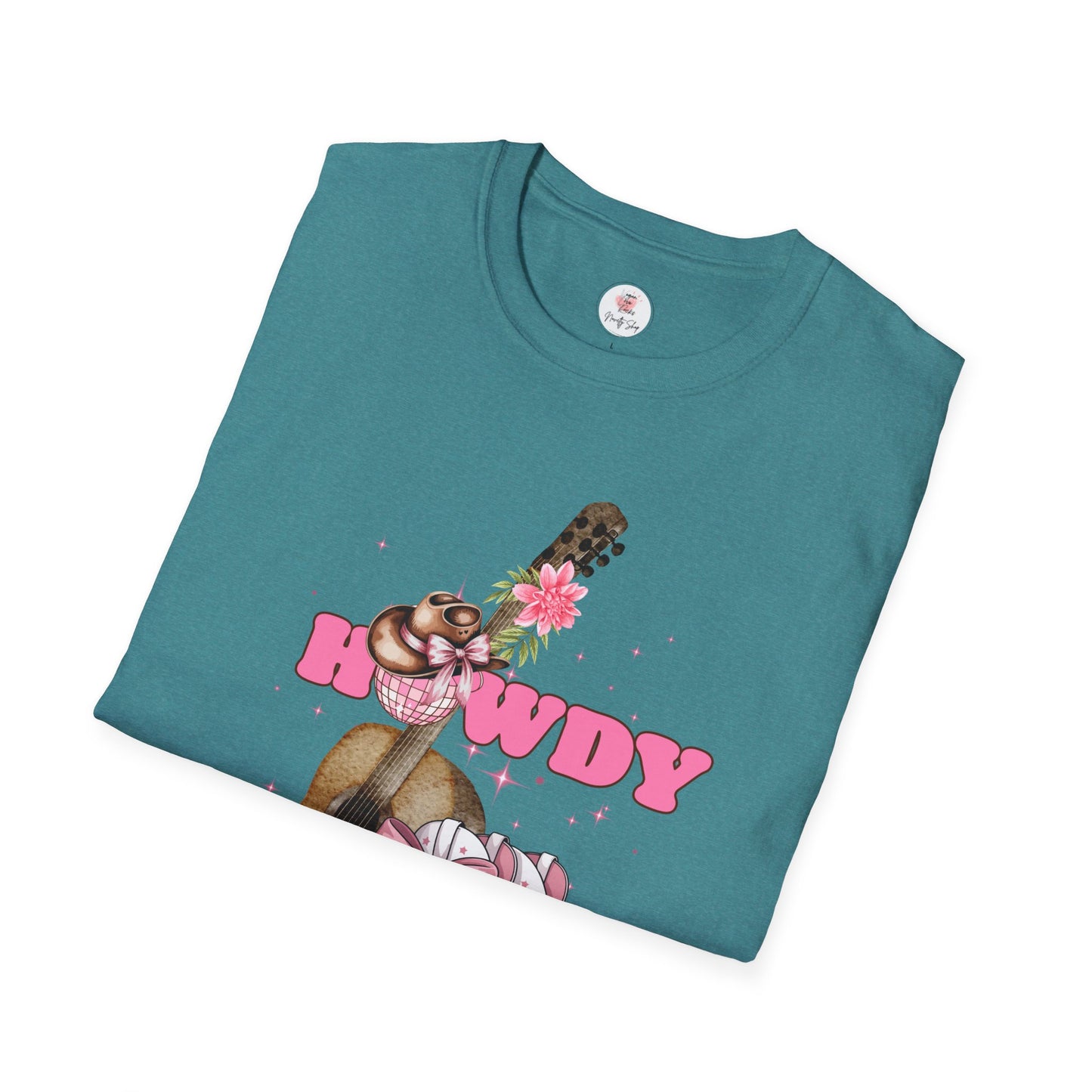 Howdy Cowboy Guitar Adult T‑Shirt — Pink Floral Cowgirl Boots & Guitar Tee