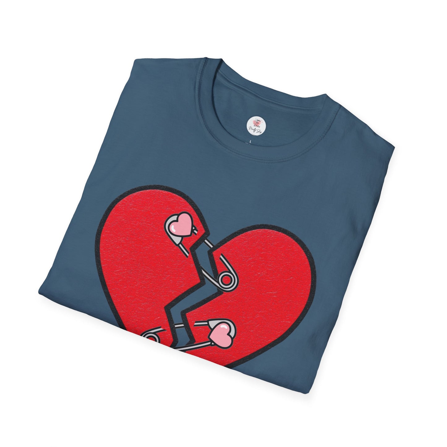Mended Broken Heart T-Shirt —  Cracked Heart with Safety Pins Graphic