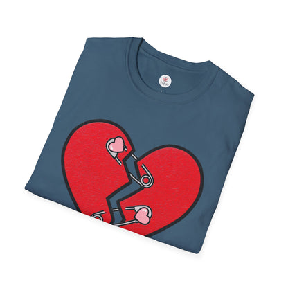 Mended Broken Heart T-Shirt —  Cracked Heart with Safety Pins Graphic