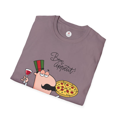 Pizza Chef T-Shirt – "Bon Appetit" Cartoon Italian Pizza & Wine Tee