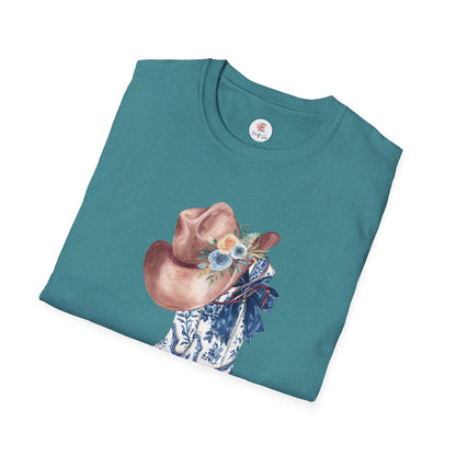 Cowgirl Boots & Hat T-Shirt — Blue Floral Western Graphic Tee