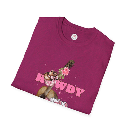 Howdy Cowboy Guitar Adult T‑Shirt — Pink Floral Cowgirl Boots & Guitar Tee