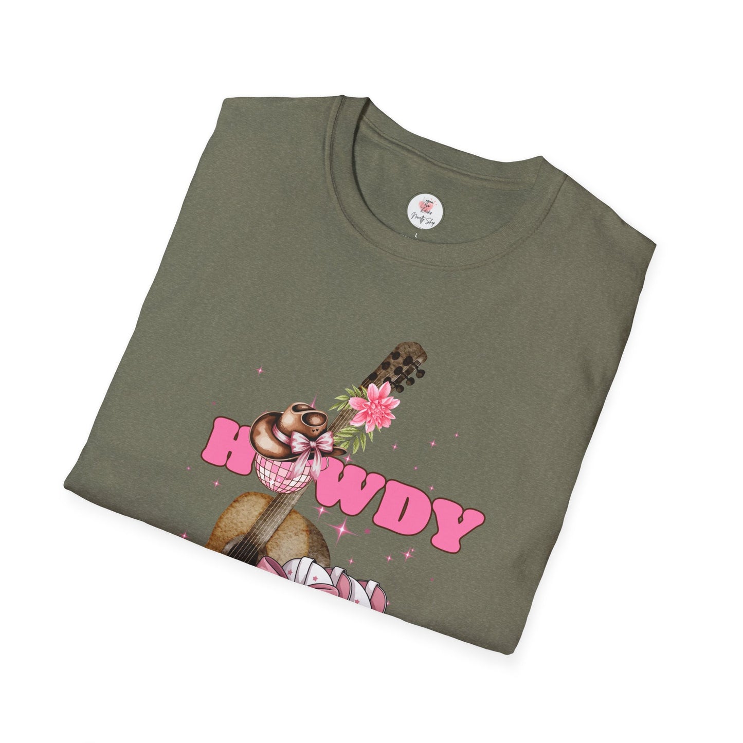 Howdy Cowboy Guitar Adult T‑Shirt — Pink Floral Cowgirl Boots & Guitar Tee