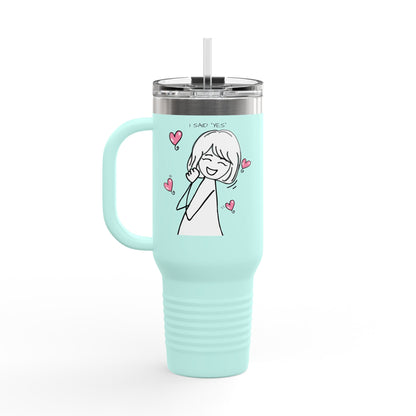 Cute Girl Illustration with Pink Hearts -“I Said Yes”  40-oz Insulated Travel Mug