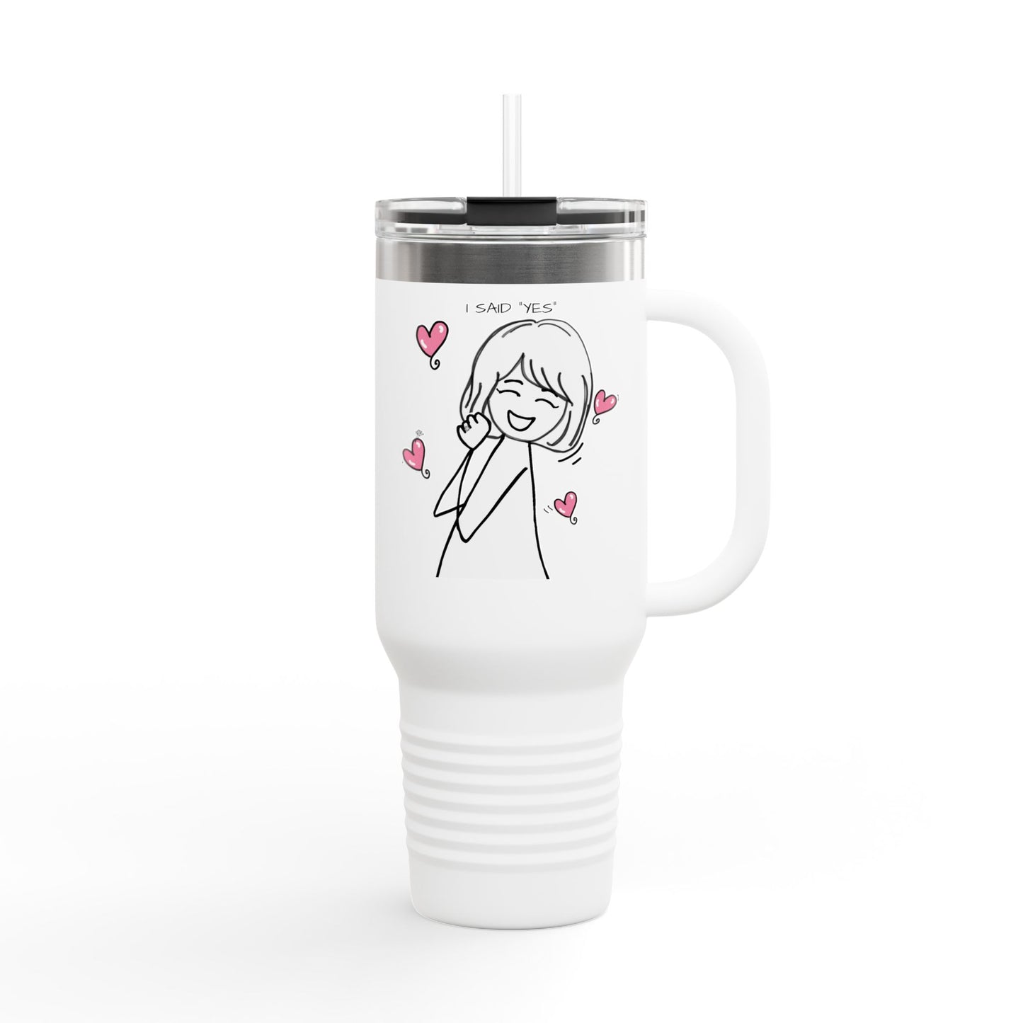 Cute Girl Illustration with Pink Hearts -“I Said Yes”  40-oz Insulated Travel Mug