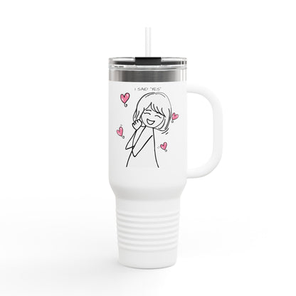Cute Girl Illustration with Pink Hearts -“I Said Yes”  40-oz Insulated Travel Mug