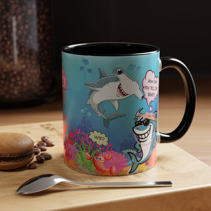 Ceramic Coffee Mug — Funny Tropical Sharks "How Can You Tell I’m Trans?"