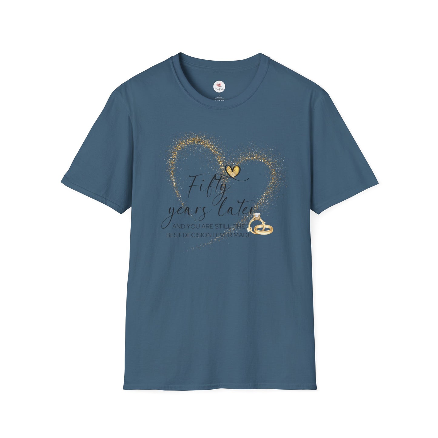 50th Anniversary T-Shirt – "Fifty Years Later" Gold Heart & Rings Celebration Tee