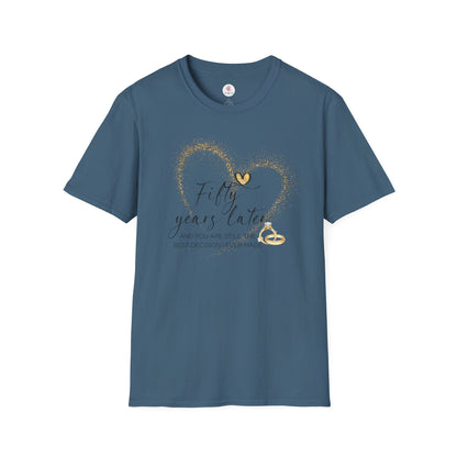 50th Anniversary T-Shirt – "Fifty Years Later" Gold Heart & Rings Celebration Tee