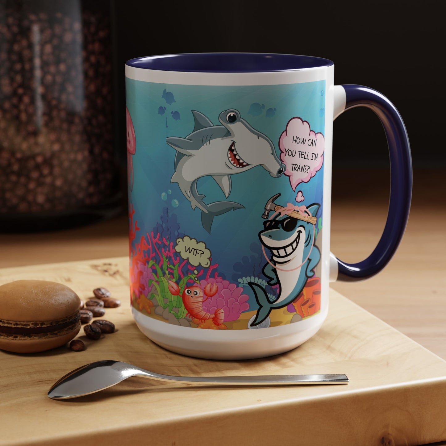 Ceramic Coffee Mug — Funny Tropical Sharks "How Can You Tell I’m Trans?"