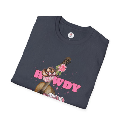 Howdy Cowboy Guitar Adult T‑Shirt — Pink Floral Cowgirl Boots & Guitar Tee