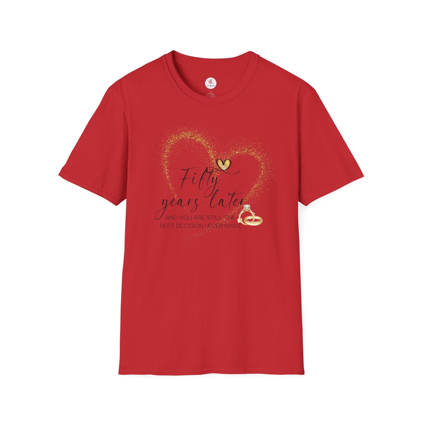 50th Anniversary T-Shirt – "Fifty Years Later" Gold Heart & Rings Celebration Tee