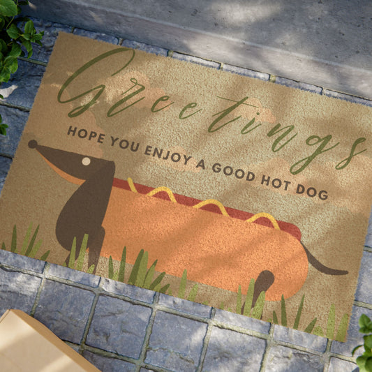 Doormat — "Greetings: Hope You Enjoy a Good Hot Dog" Dachshund Hot Dog Welcome Mat