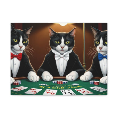 Patriotic Cats Blackjack Night Canvas Print — Tuxedo Cats with Red, White & Blue Bowties