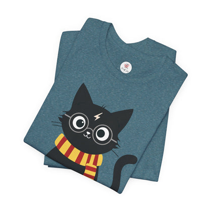 Wizard Cat Graphic Tee – Cute Black Cat with Scarf & Lightning Bolt