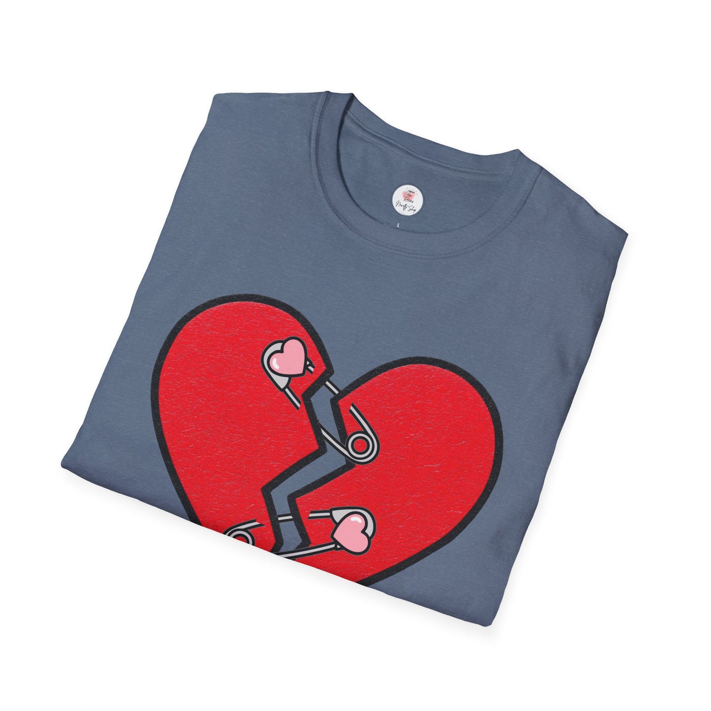Mended Broken Heart T-Shirt —  Cracked Heart with Safety Pins Graphic