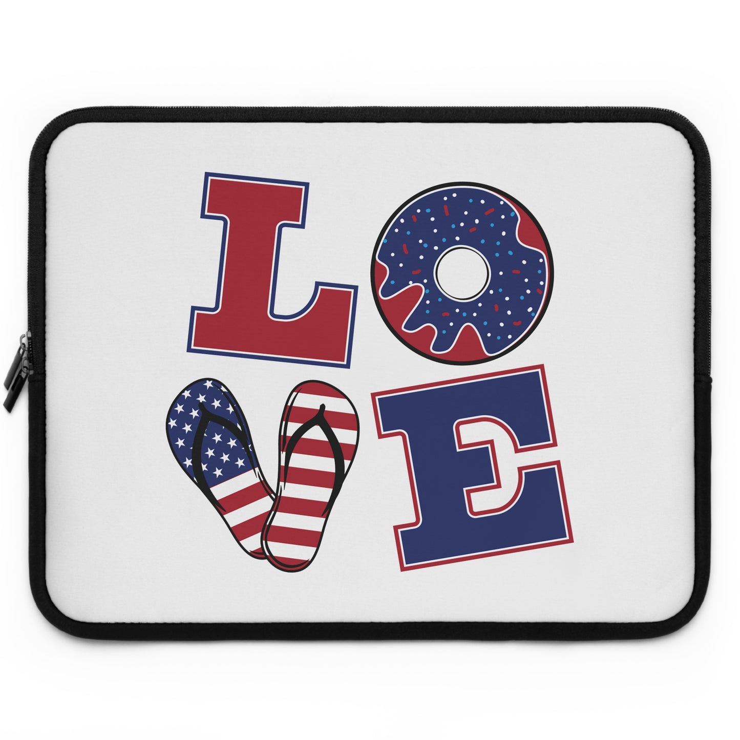 "LOVE" Laptop Sleeve — American Flag Flip-Flop & Donut Design