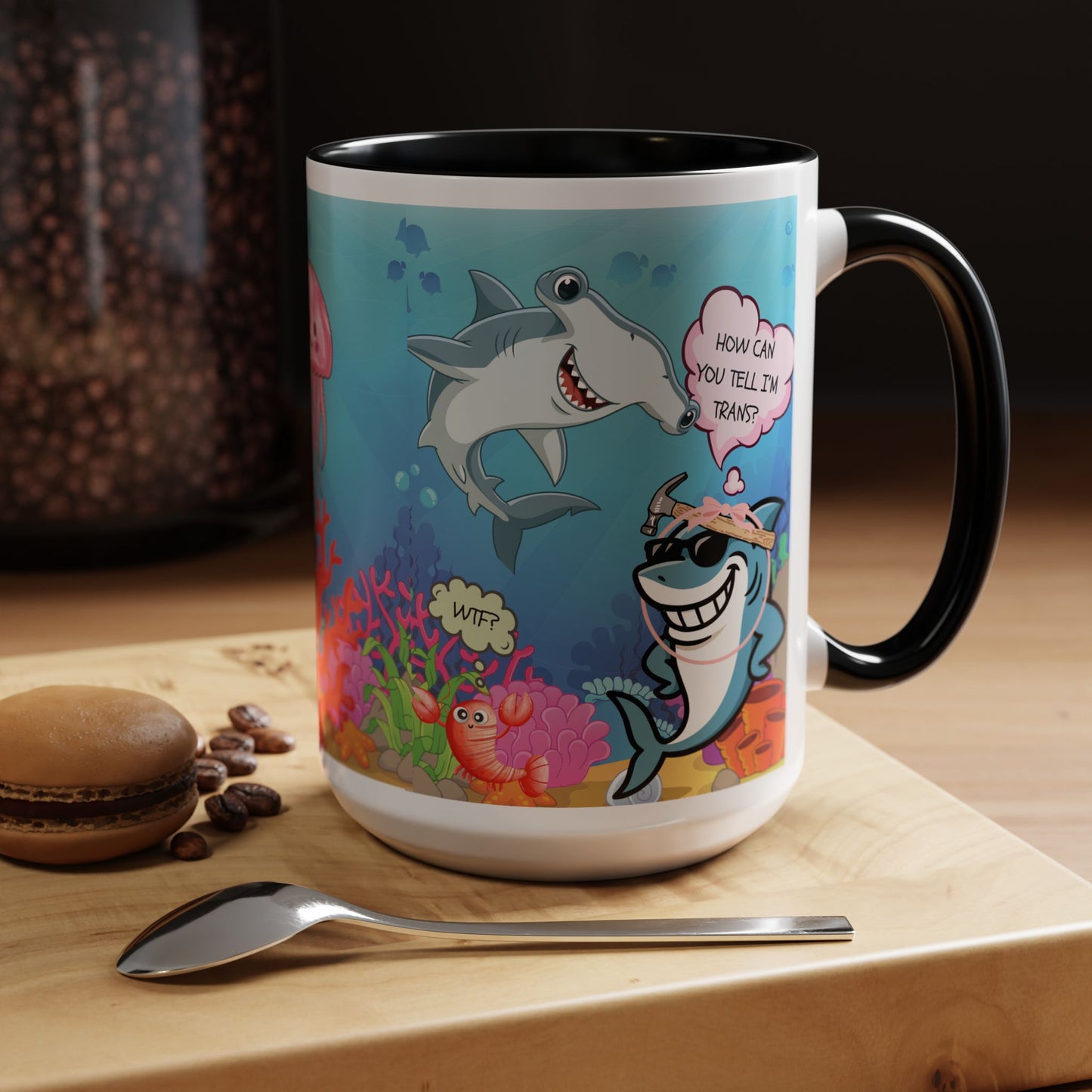 Ceramic Coffee Mug — Funny Tropical Sharks "How Can You Tell I’m Trans?"