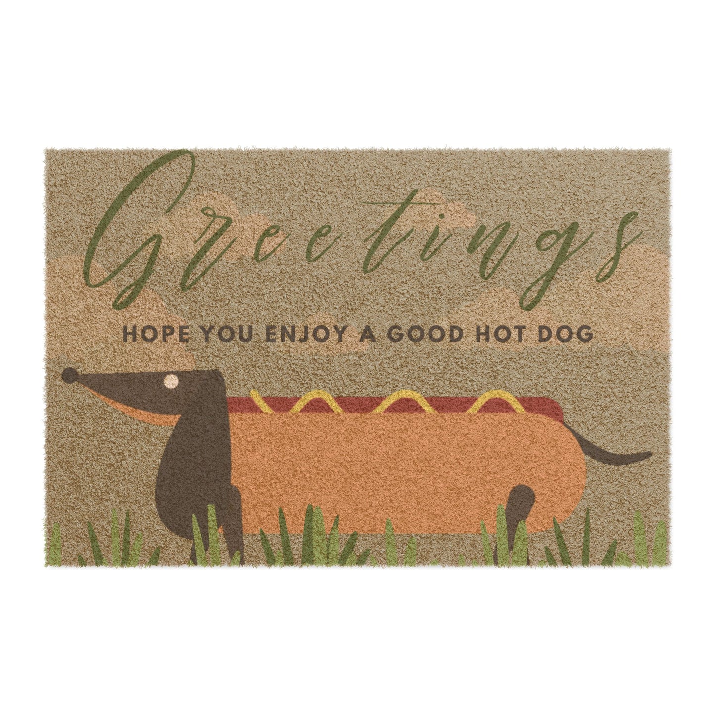 Doormat — "Greetings: Hope You Enjoy a Good Hot Dog" Dachshund Hot Dog Welcome Mat