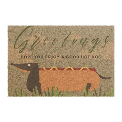 Doormat — "Greetings: Hope You Enjoy a Good Hot Dog" Dachshund Hot Dog Welcome Mat