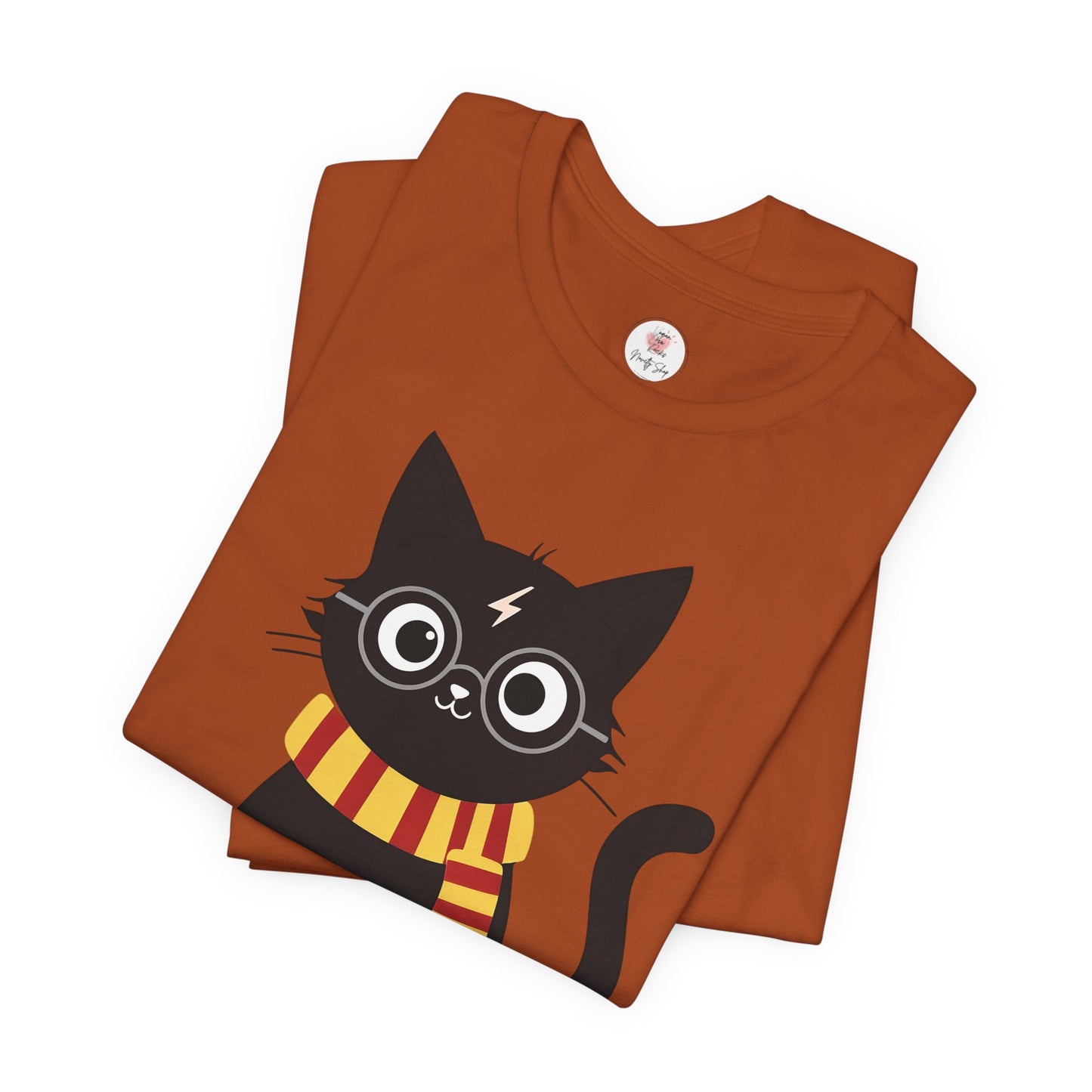 Wizard Cat Graphic Tee – Cute Black Cat with Scarf & Lightning Bolt
