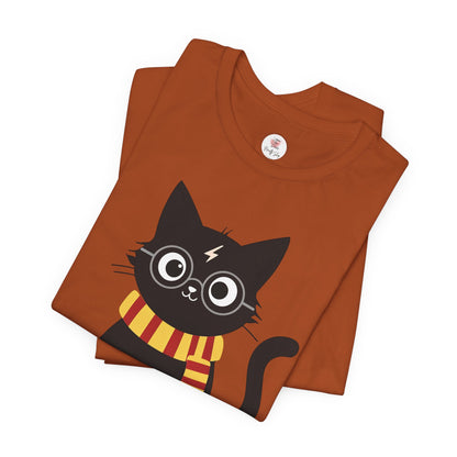 Wizard Cat Graphic Tee – Cute Black Cat with Scarf & Lightning Bolt