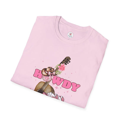 Howdy Cowboy Guitar Adult T‑Shirt — Pink Floral Cowgirl Boots & Guitar Tee