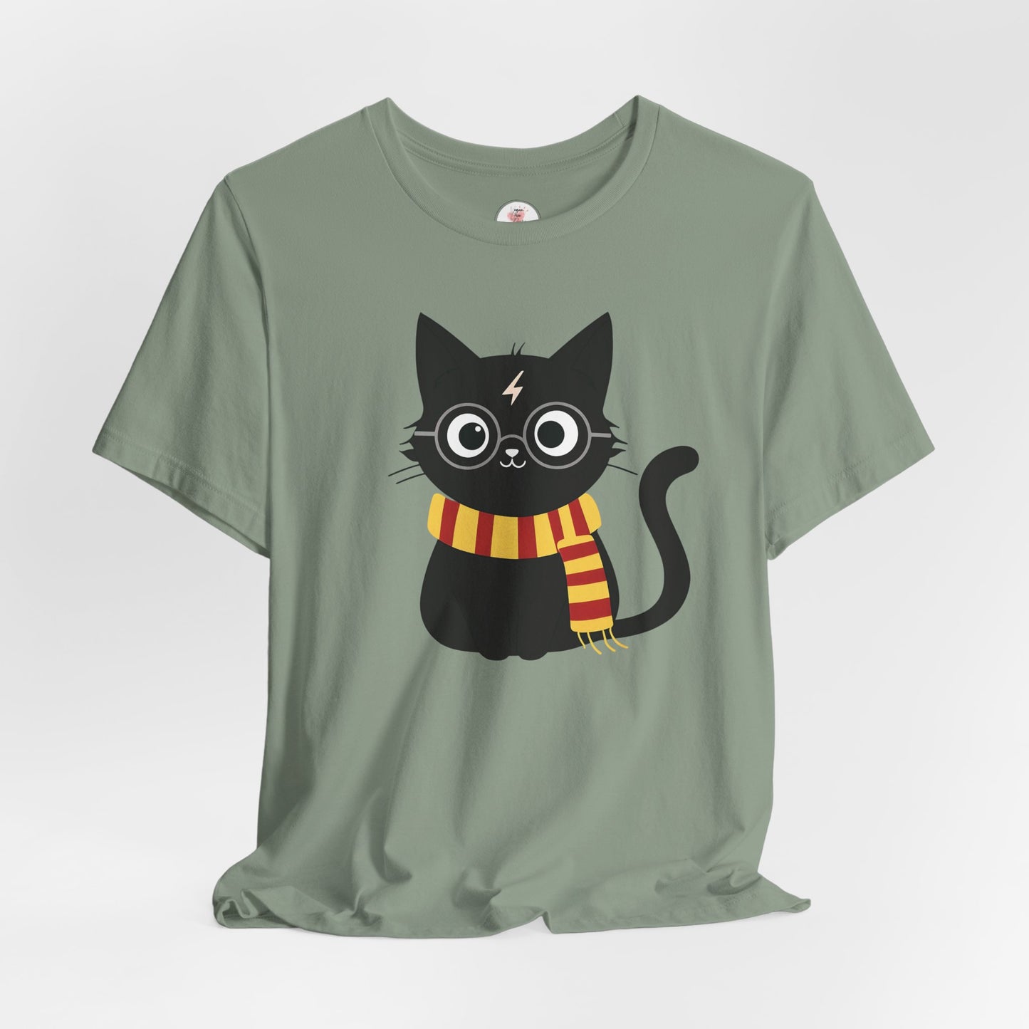 Wizard Cat Graphic Tee – Cute Black Cat with Scarf & Lightning Bolt