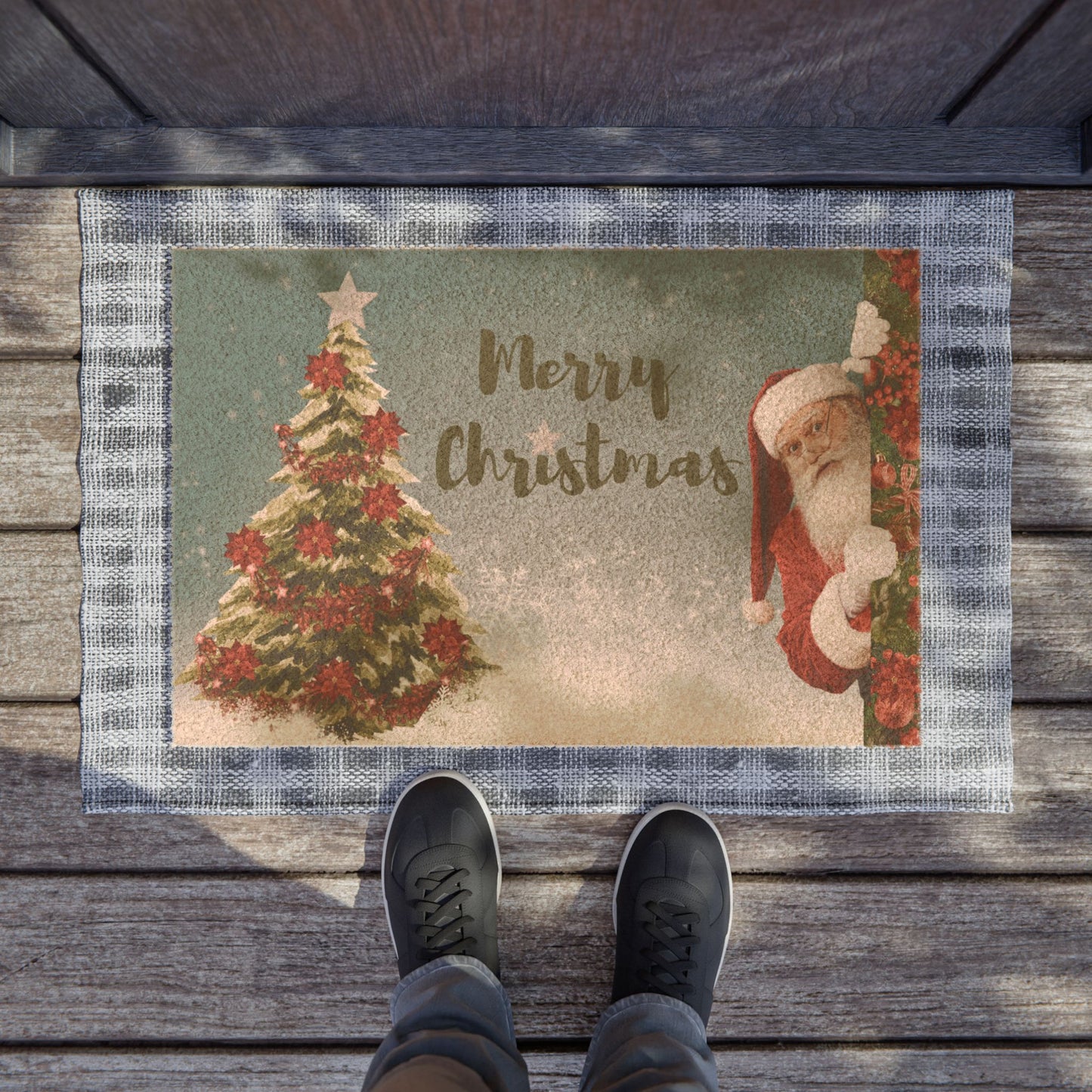 Merry Christmas Doormat — Santa & Tree Holiday Welcome Mat