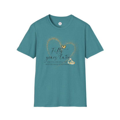 50th Anniversary T-Shirt – "Fifty Years Later" Gold Heart & Rings Celebration Tee