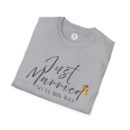 50th Anniversary T-Shirt — ‘Just Married (50 Years Ago)’ Anniversary Celebration Tee  https://www.veganlove.rocks/