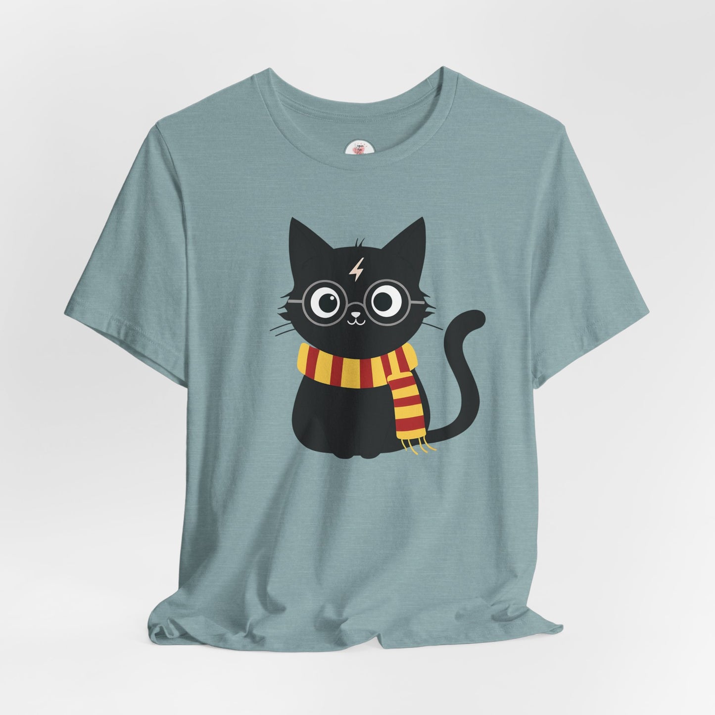 Wizard Cat Graphic Tee – Cute Black Cat with Scarf & Lightning Bolt