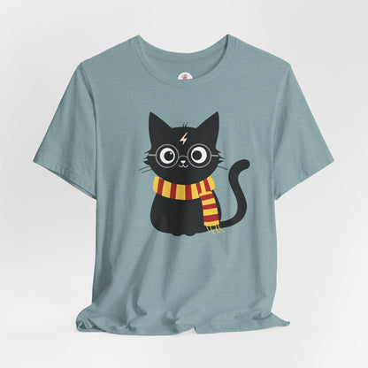 Wizard Cat Graphic Tee – Cute Black Cat with Scarf & Lightning Bolt