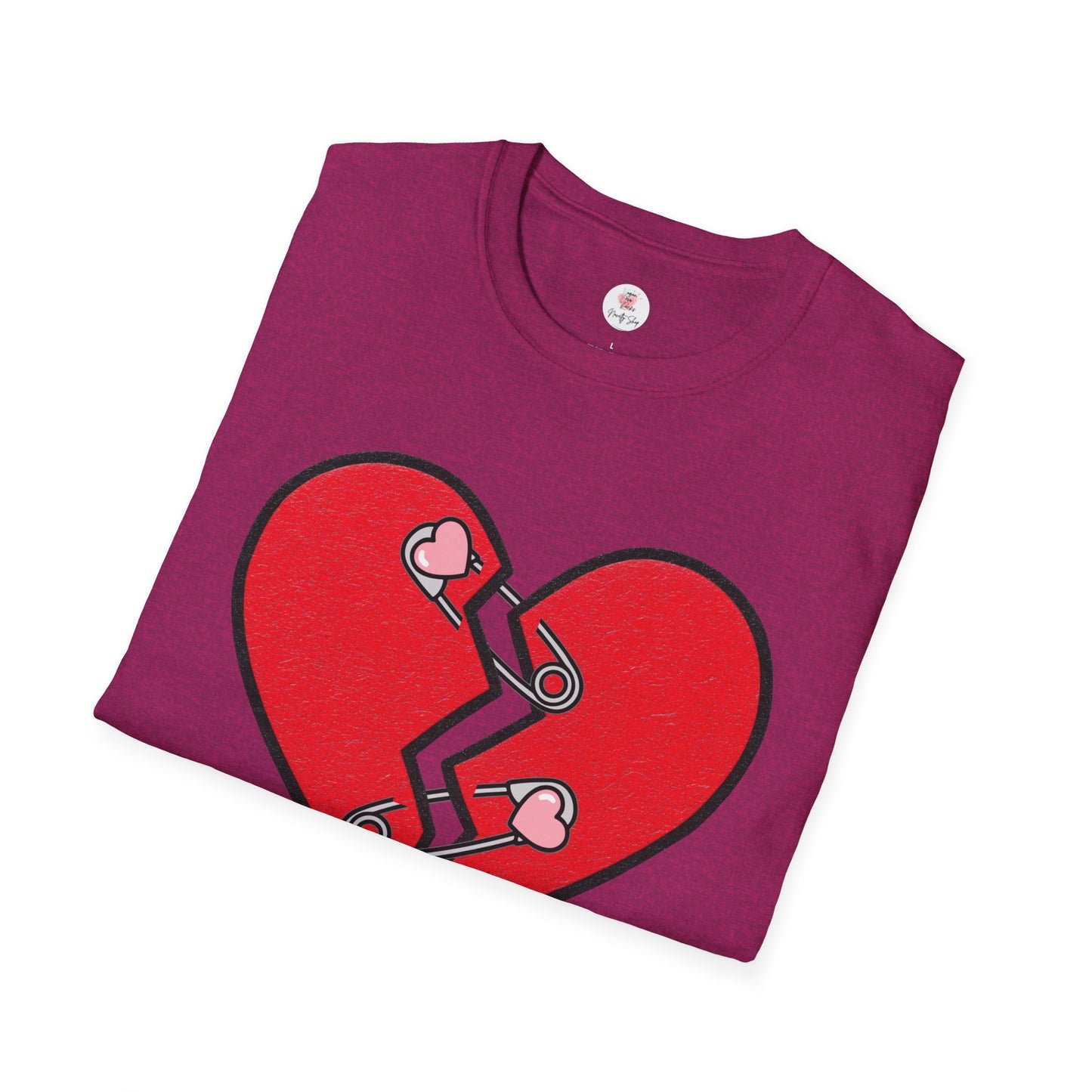 Mended Broken Heart T-Shirt —  Cracked Heart with Safety Pins Graphic