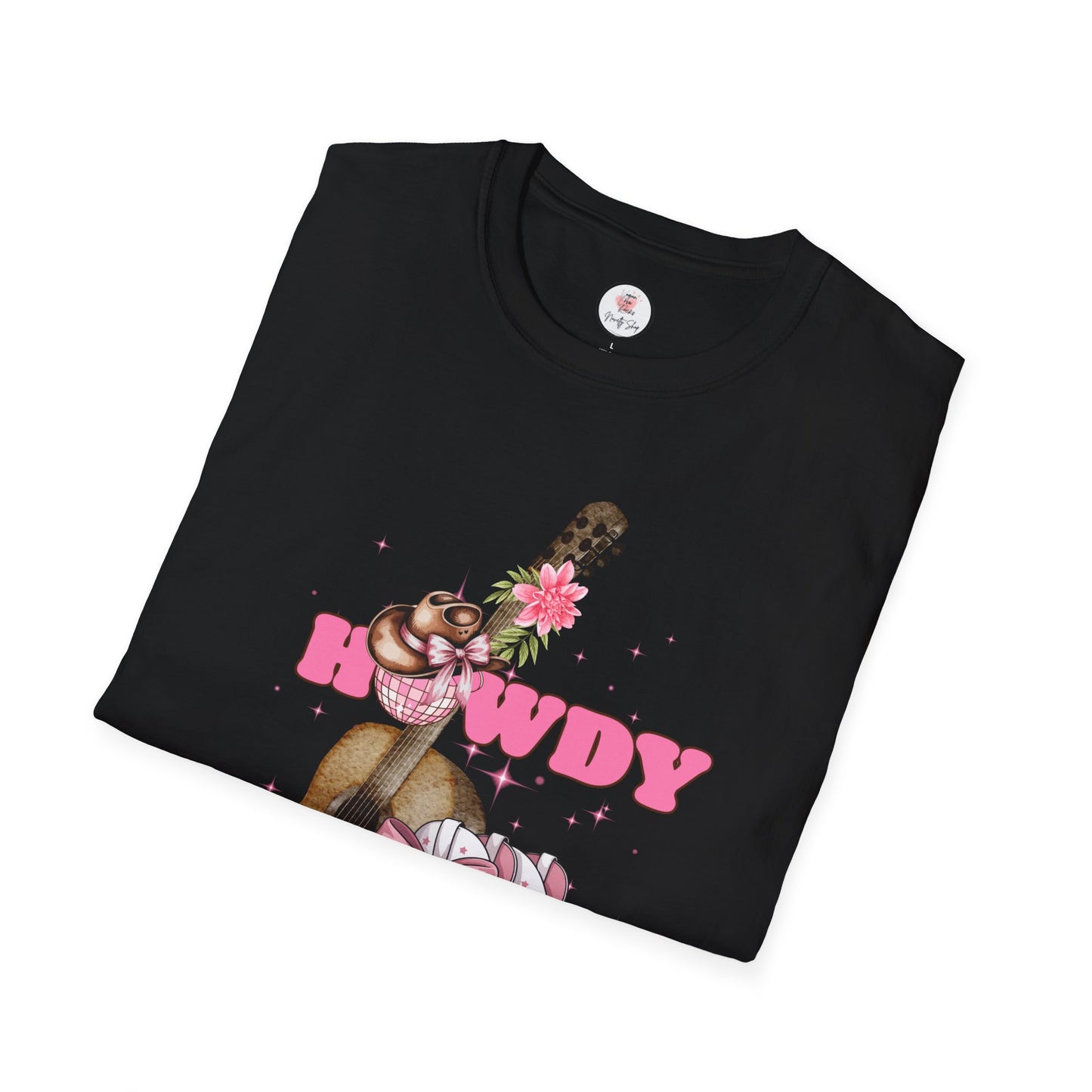 Howdy Cowboy Guitar Adult T‑Shirt — Pink Floral Cowgirl Boots & Guitar Tee