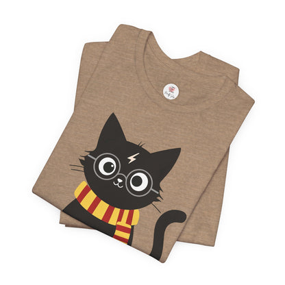 Wizard Cat Graphic Tee – Cute Black Cat with Scarf & Lightning Bolt