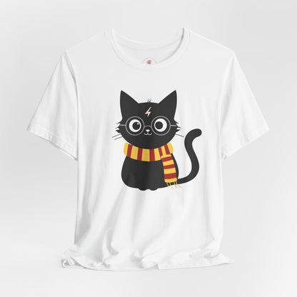 Wizard Cat Graphic Tee – Cute Black Cat with Scarf & Lightning Bolt