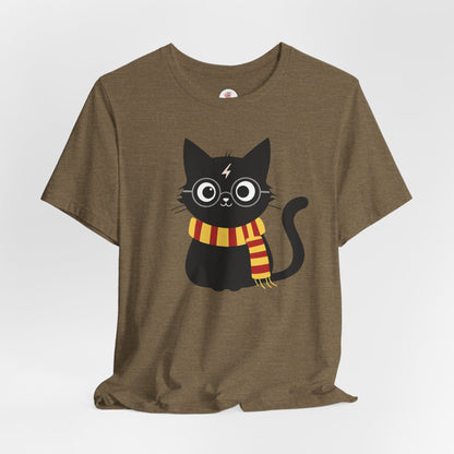 Wizard Cat Graphic Tee – Cute Black Cat with Scarf & Lightning Bolt