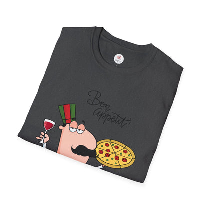 Pizza Chef T-Shirt – "Bon Appetit" Cartoon Italian Pizza & Wine Tee