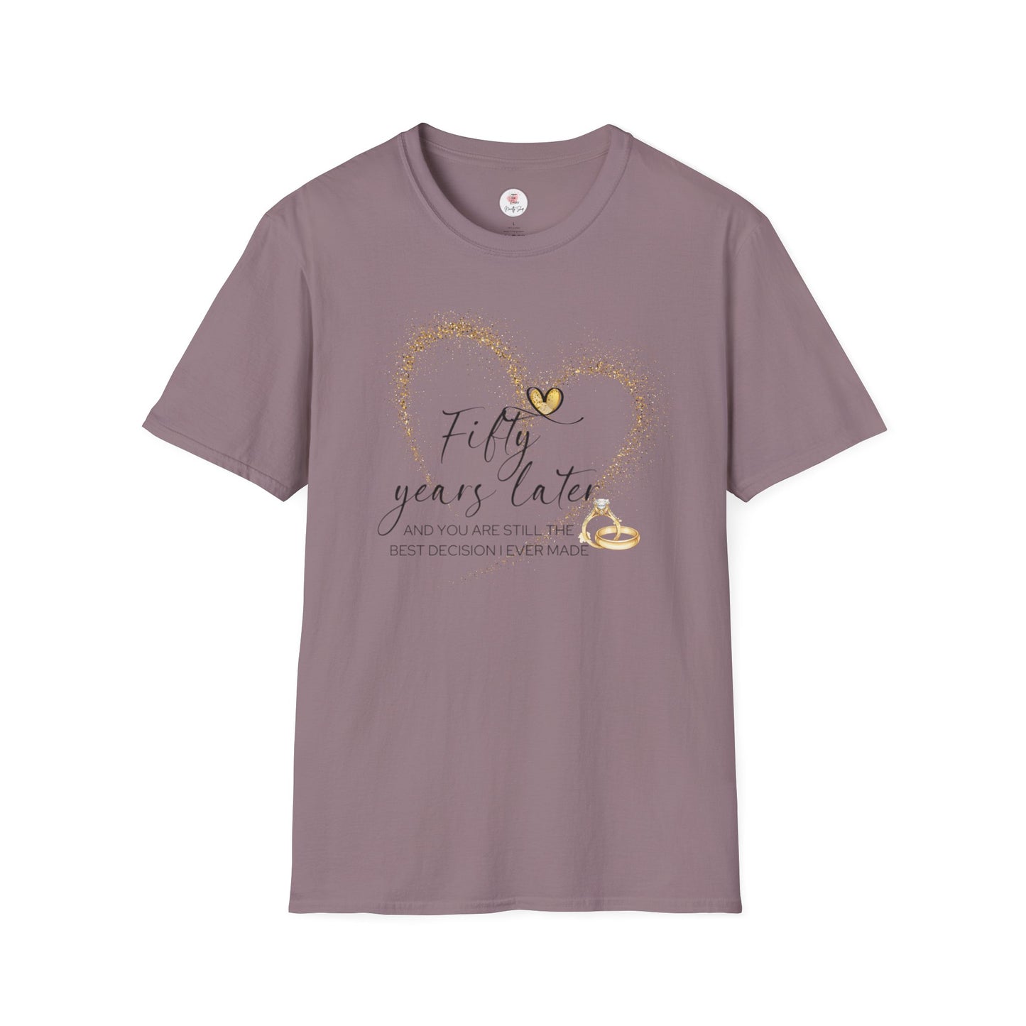 50th Anniversary T-Shirt – "Fifty Years Later" Gold Heart & Rings Celebration Tee
