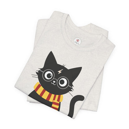 Wizard Cat Graphic Tee – Cute Black Cat with Scarf & Lightning Bolt